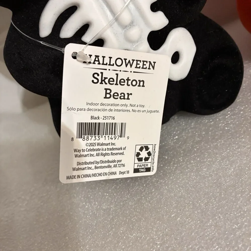 Halloween Skeleton felt Bears, 2 black and 1 orange 7 inches tall. New with Tags